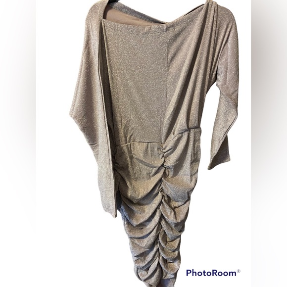 Scarlett Rocks Bardot neck ruched mini dress in taupe Glitter Size UK14 Fitted - Picture 9 of 10